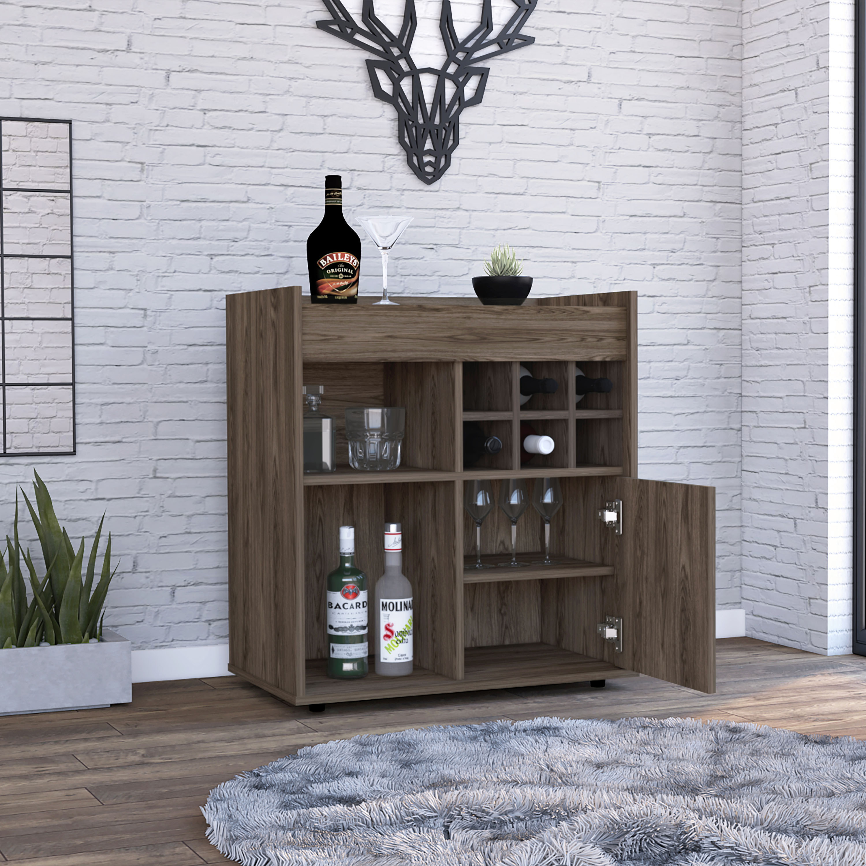 Lyon Bar Cabinet, Six Cubbies, Cabinet With Divisions, Two Concealed Shelves -Dark Walnut